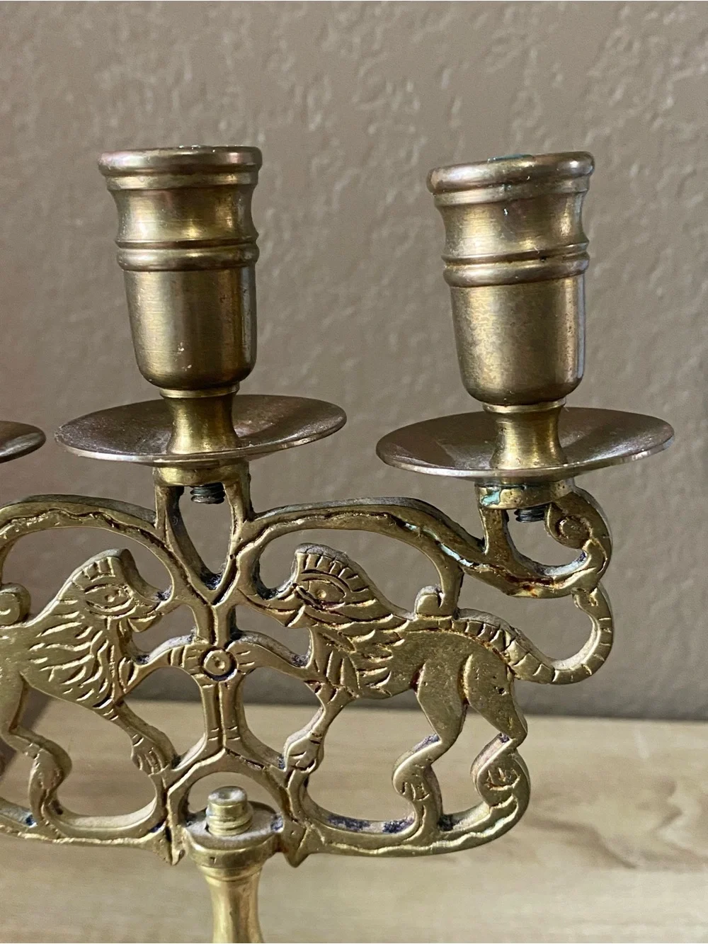 Brass Triple-Arm Lion Motif Candelabra